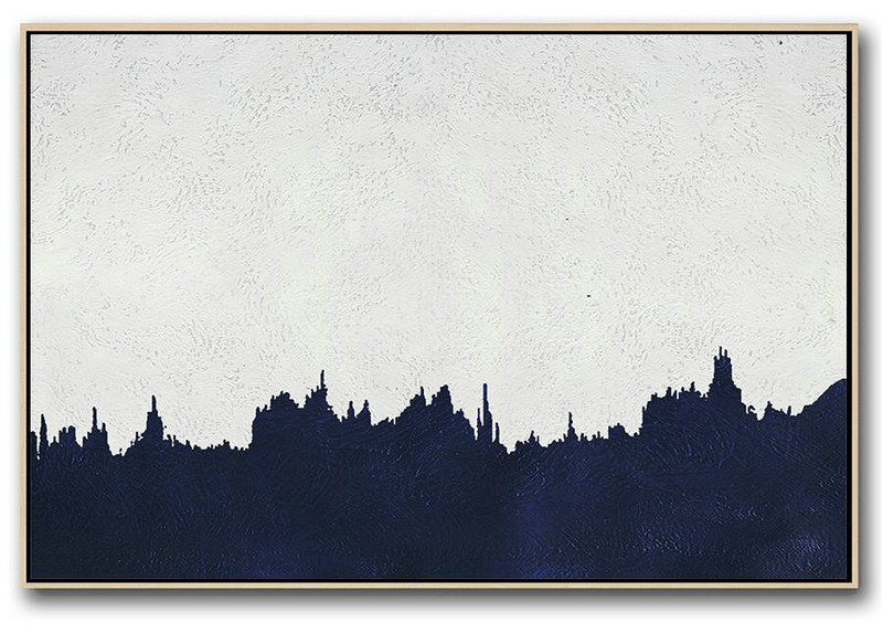 Hand Painted Original Art,Horizontal Abstract Painting Navy Blue Minimalist Painting On Canvas,Canvas Wall Art